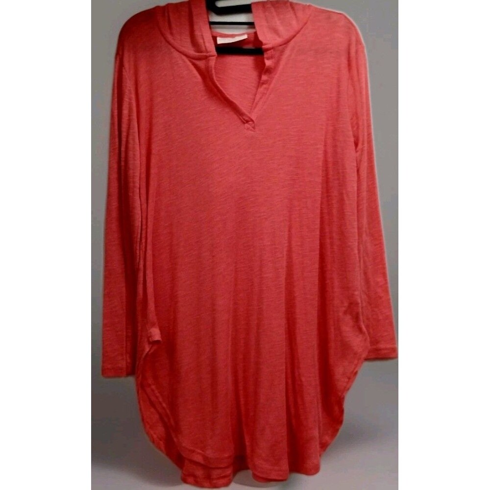Bobbie Brooks Women’s Large Salmon Hooded Pullover V-Neck Long Sleeve Top EUC